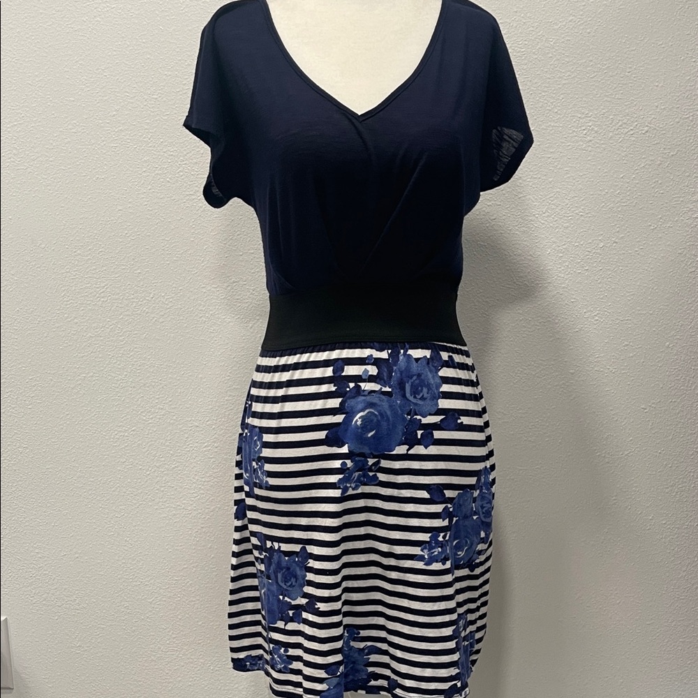 Lots of Love by Speechless Navy & White Striped Floral Waistband Dress
